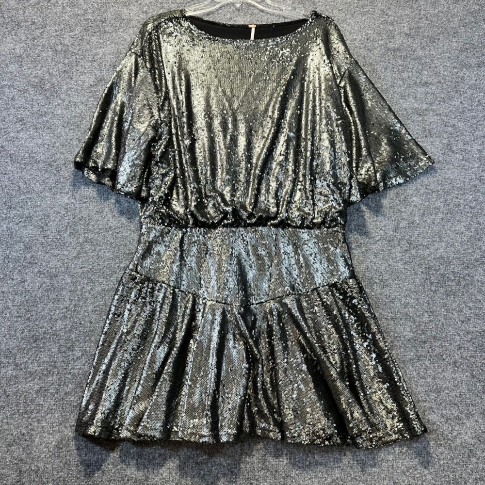 Free People Sequin Mini Dress Womens Large Silver Party Festival Glam Night Out